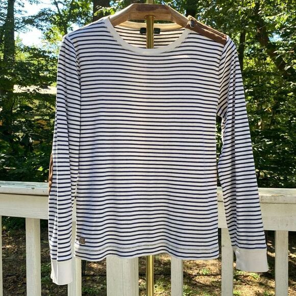 Lauren Jeans Co Navy Blue Stripe Elbow Patch Zipper Top - Picture 5 of 6